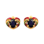 Heart-shaped stud earrings with blue gemstones, red and green enamel, gold-tone setting