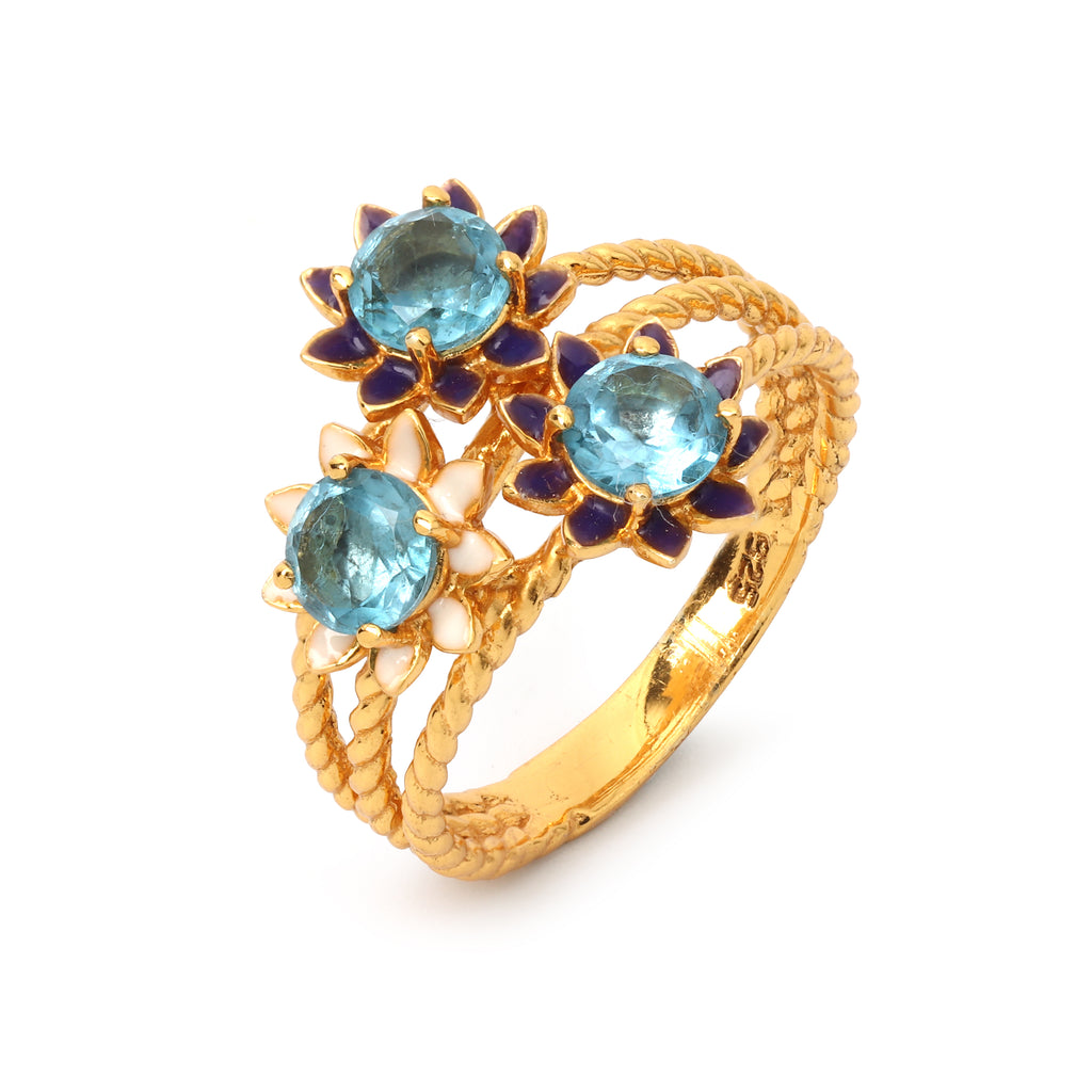 Triple flower blue topaz statement ring for women