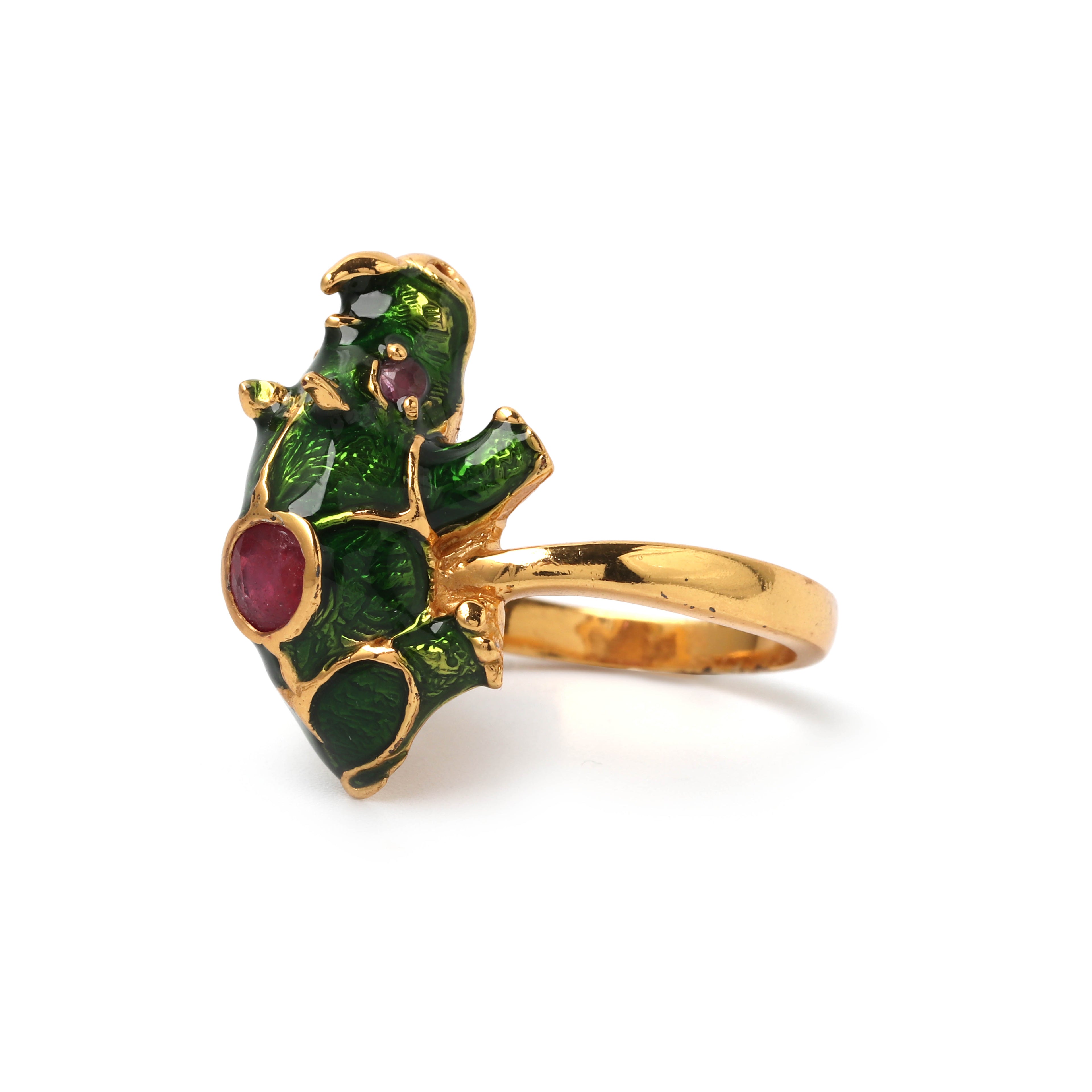 Handcrafted ruby rhino statement ring featuring artisan enamel detailing
