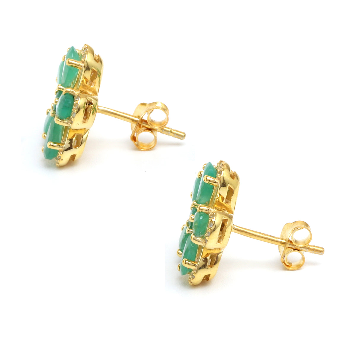 Emerald & White Sapphire Halo Stud Earrings in 18K Gold-Plated Sterling Silver