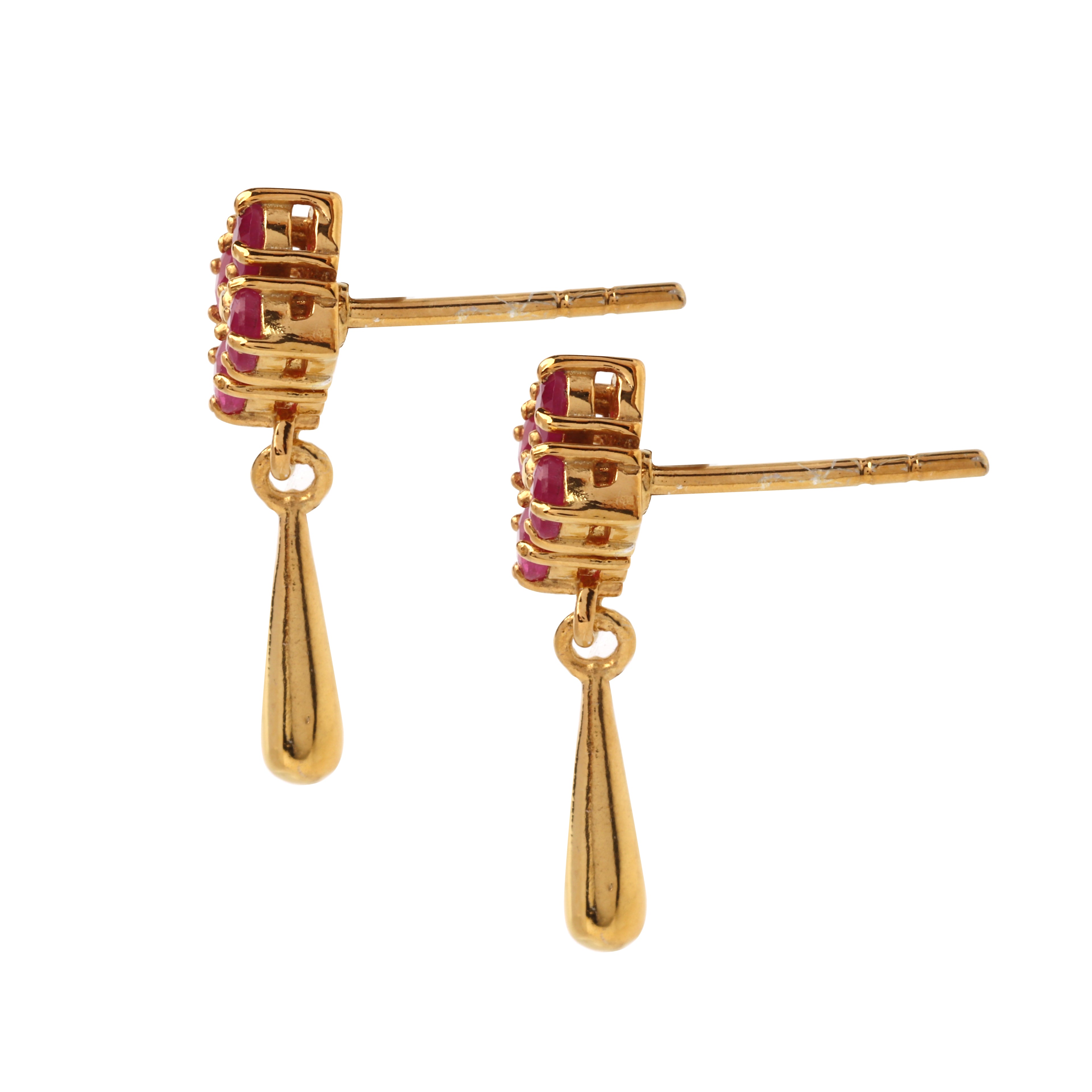 Side view of hypoallergenic ruby drop earrings showing prong-set gemstones and polished silver drop