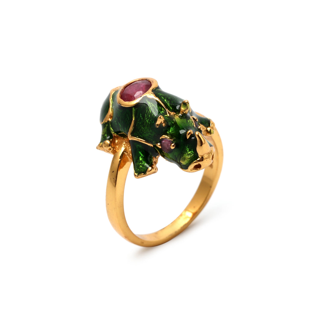 Luxury animal motif ring with ruby gemstone and gold plated finish