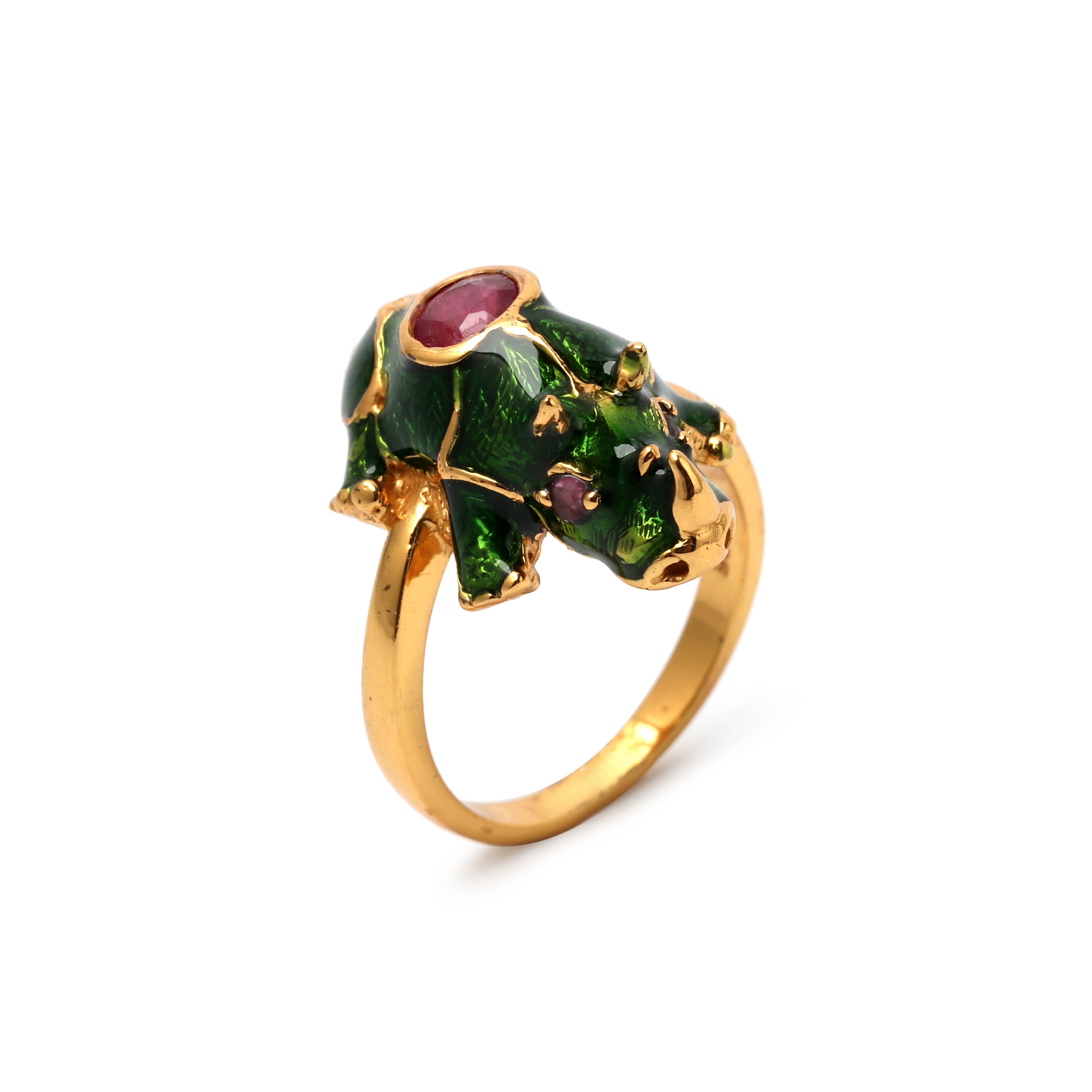 Luxury animal motif ring with ruby gemstone and gold plated finish