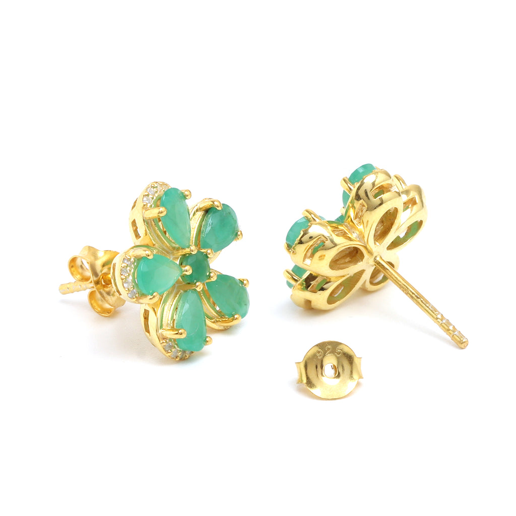Emerald & White Sapphire Halo Stud Earrings in 18K Gold-Plated Sterling Silver