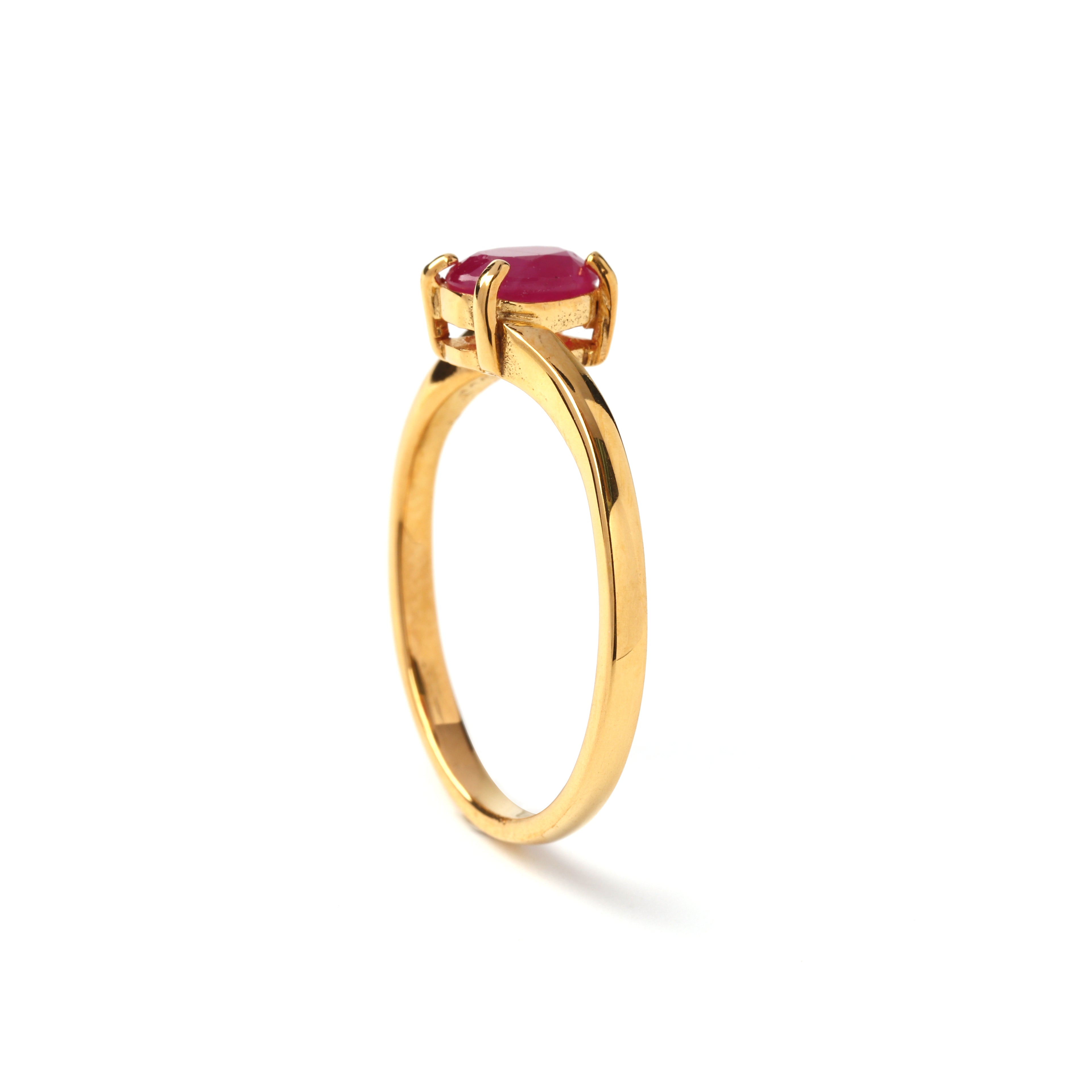 Minimal ruby 925 sterling silver ring shown from side angle with slim gold band