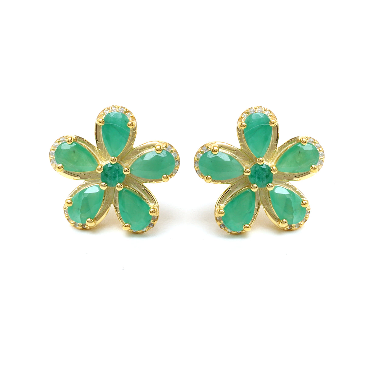 Emerald & White Sapphire Halo Stud Earrings in 18K Gold-Plated Sterling Silver