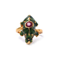 Gold plated ruby rhino ring in 925 sterling silver with green enamel accents