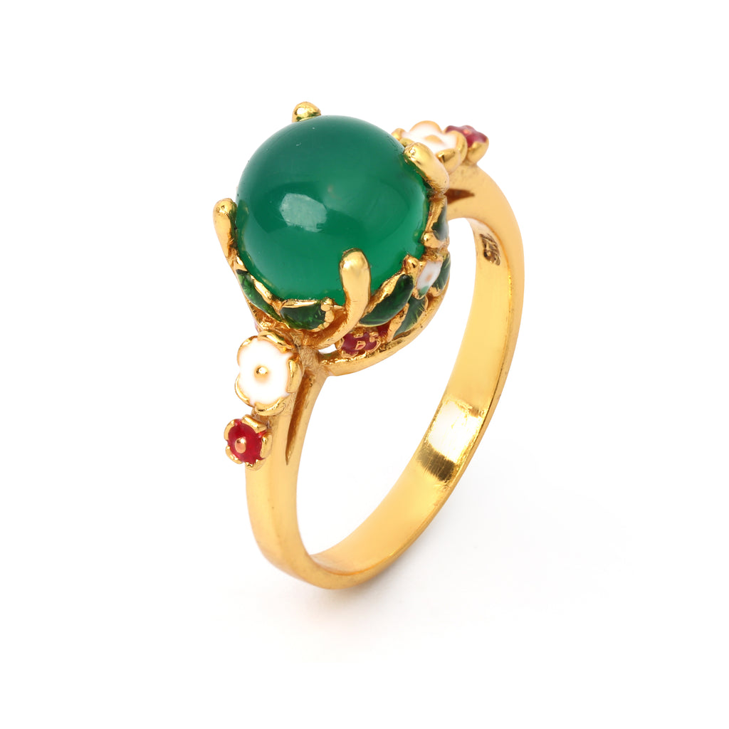 Handcrafted emerald gemstone ring with delicate flower accents