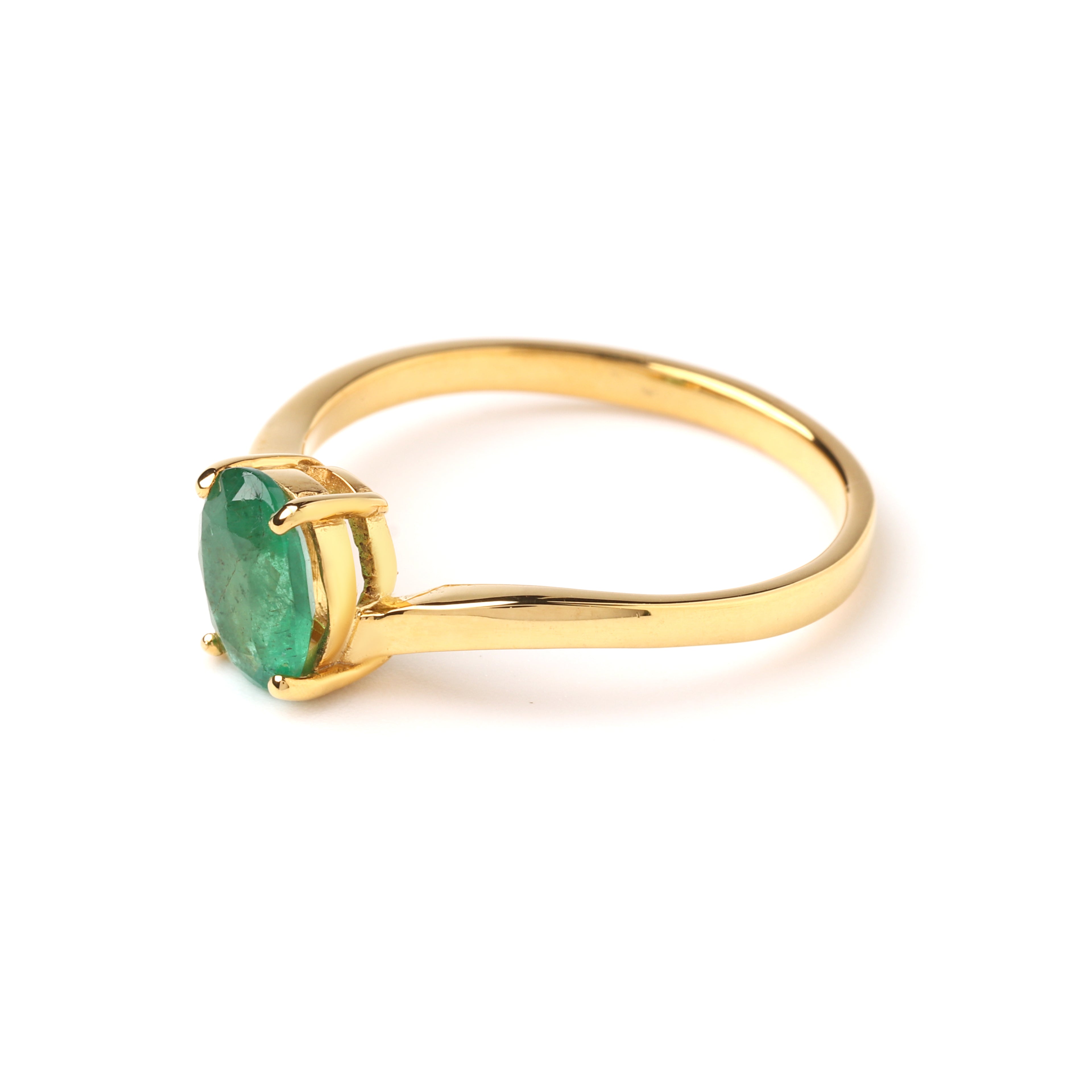 Minimal emerald solitaire ring in 925 sterling silver, slim gold band design by Jewelry by Crimson