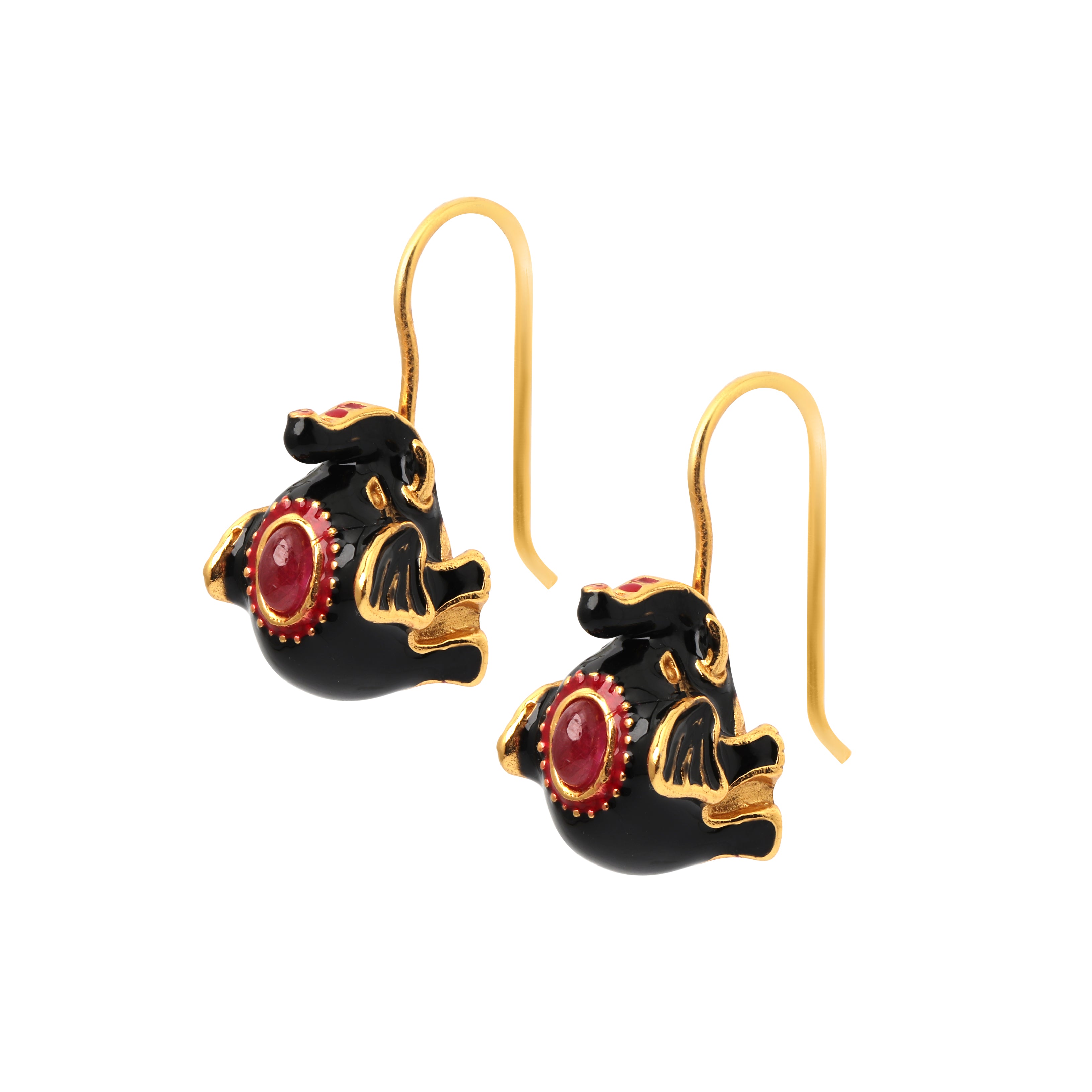 Handcrafted ruby and black enamel earrings for women