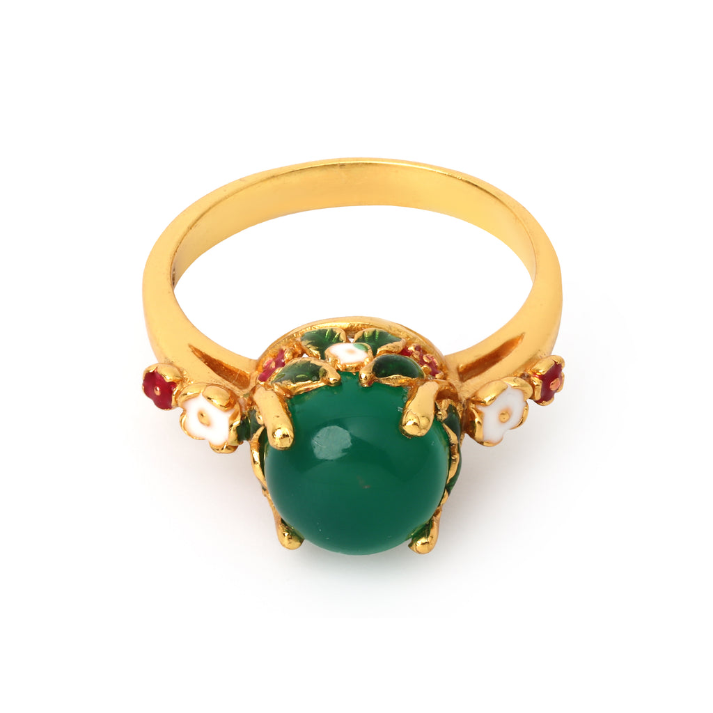 Gold plated emerald floral ring in 925 sterling silver