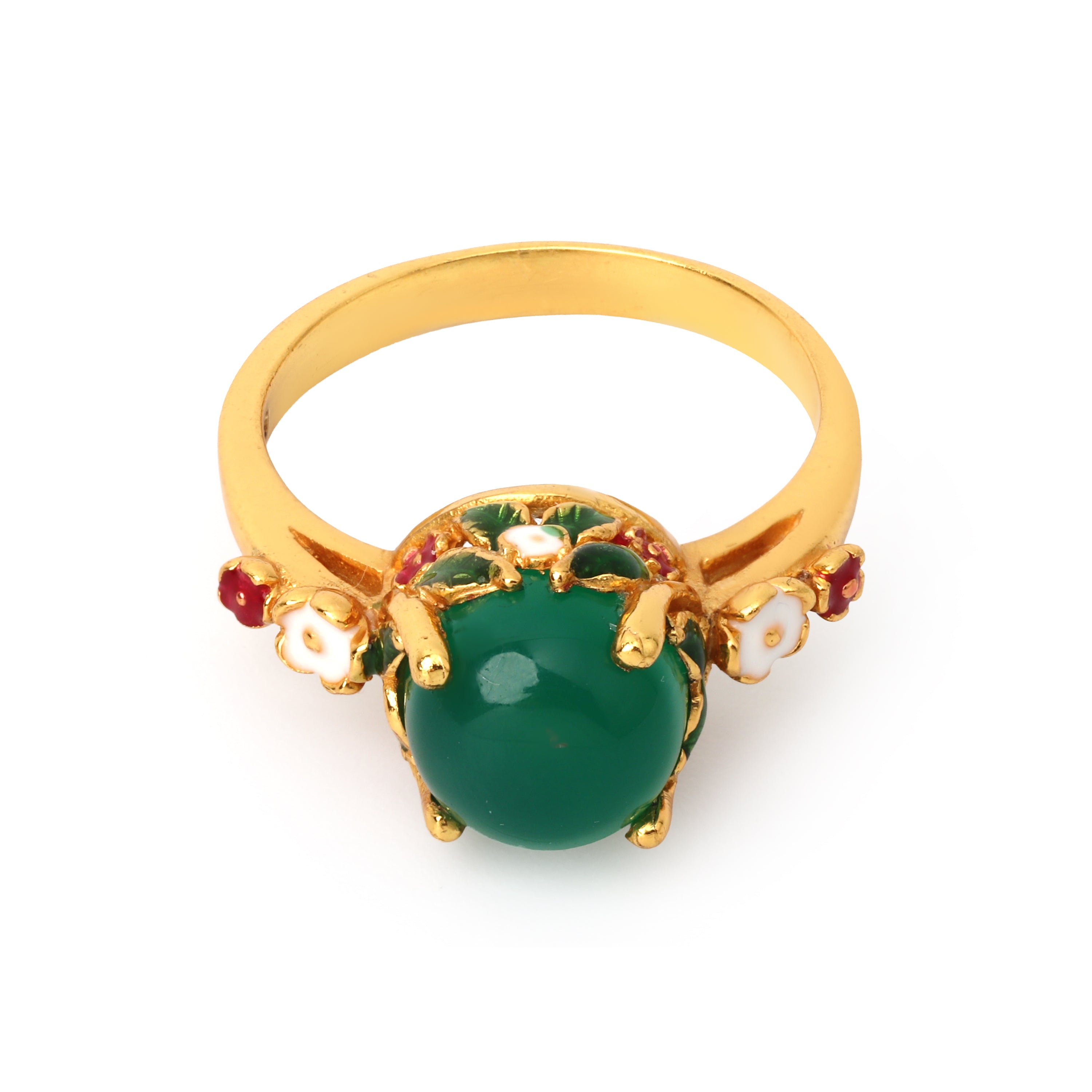 Gold plated emerald floral ring in 925 sterling silver
