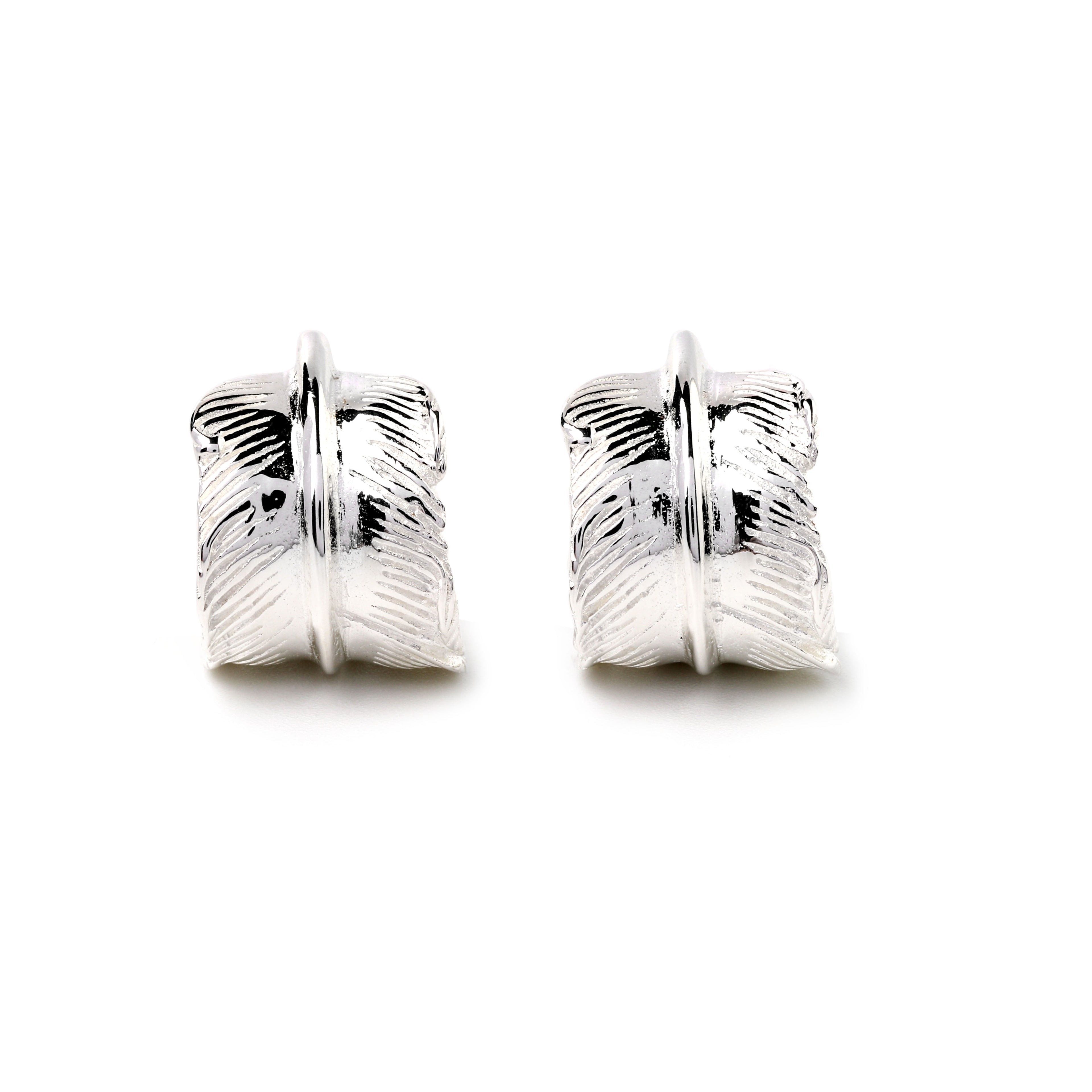 Elegant feather inspired huggee earrings in sterling silver