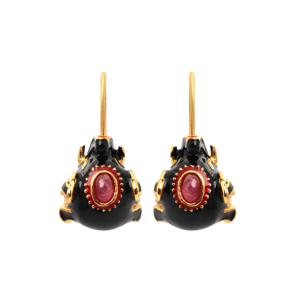 Gold plated ruby drop earrings with black enamel in 925 sterling silver