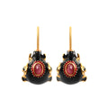 Gold plated ruby drop earrings with black enamel in 925 sterling silver