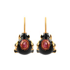 Black enamel and gold-tone earrings with oval ruby gemstones, handcrafted silver jewelry