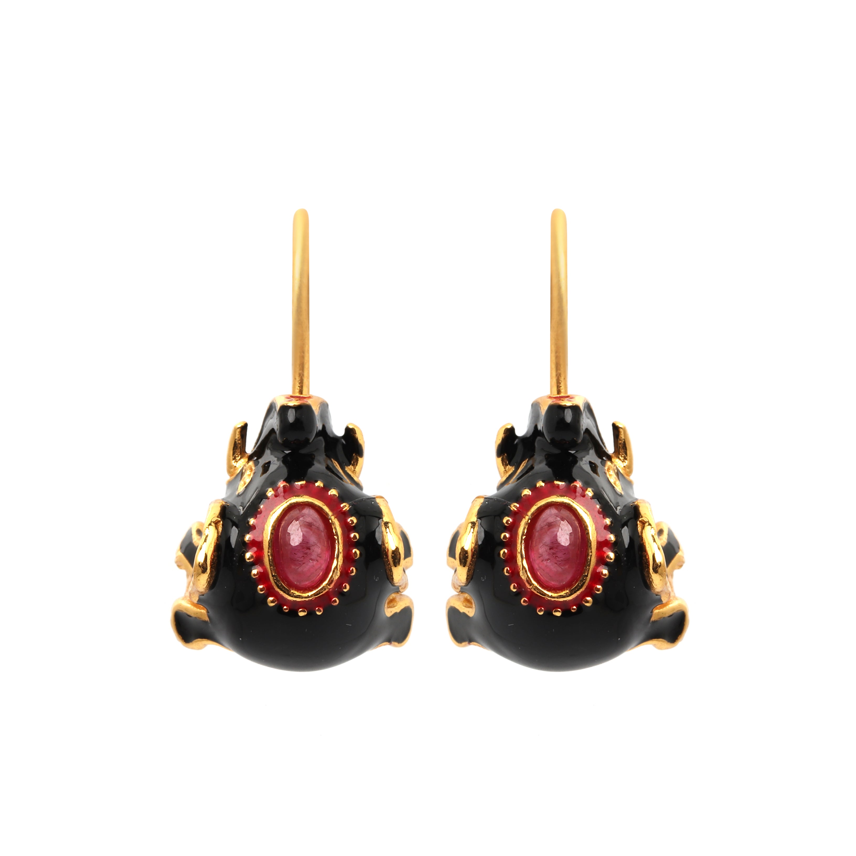 Gold plated ruby drop earrings with black enamel in 925 sterling silver