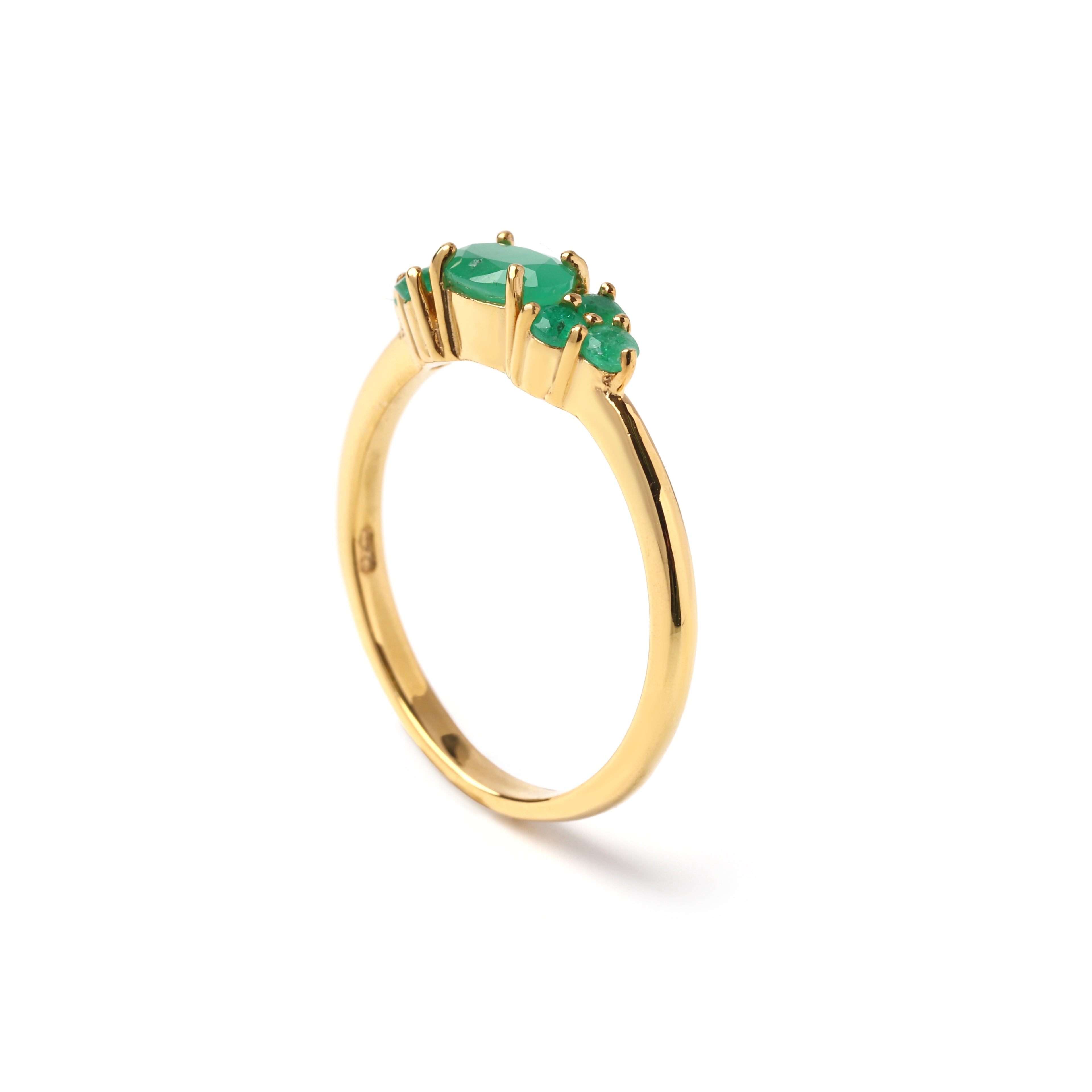 Slim emerald silver ring with floral cluster design, gold-plated finish, elegant everyday jewelry