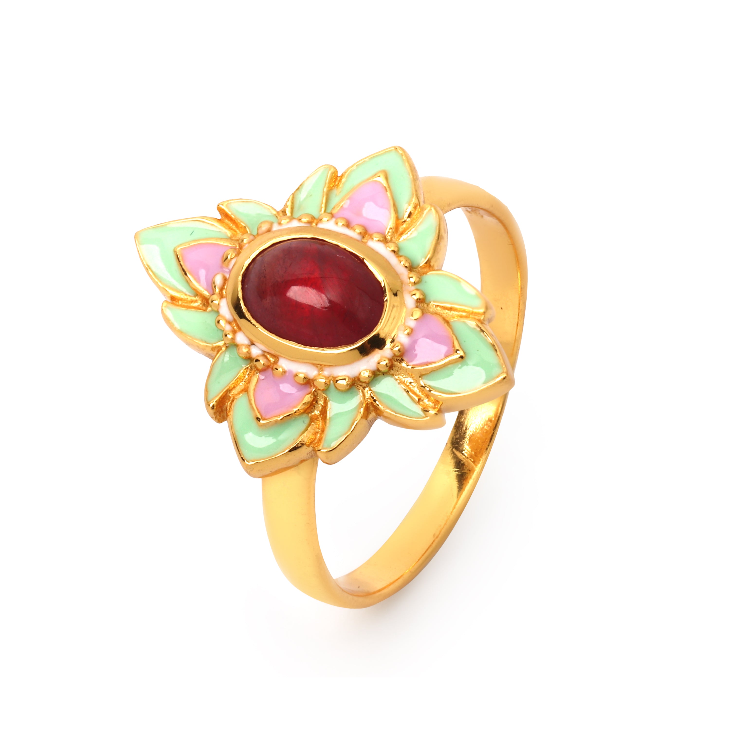 Handcrafted ruby gemstone ring with pink and green enamel petals