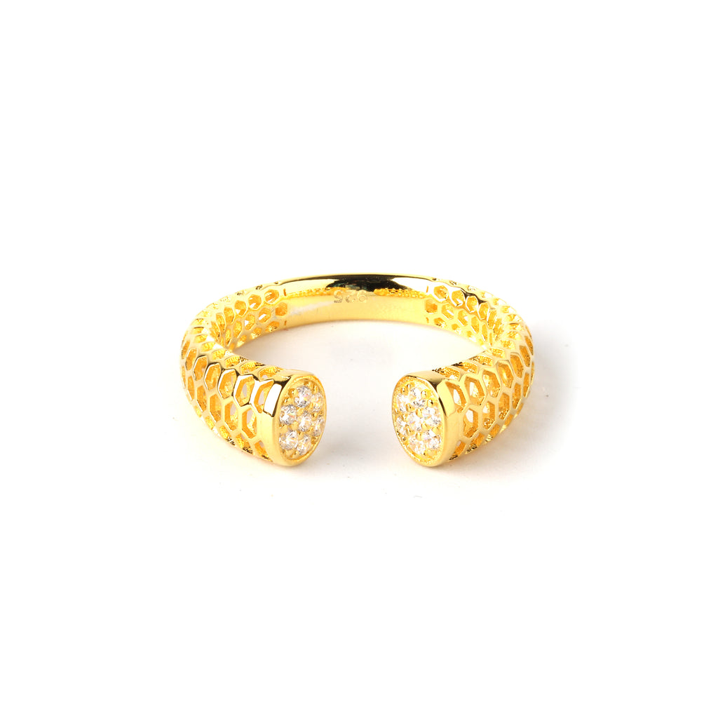 Radiance-inspired honeycomb open ring crafted in gold plated 925 sterling silver