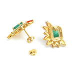 Emerald & Rainbow Sapphire Cluster Stud Earrings in 18K Gold-Plated Sterling Silver