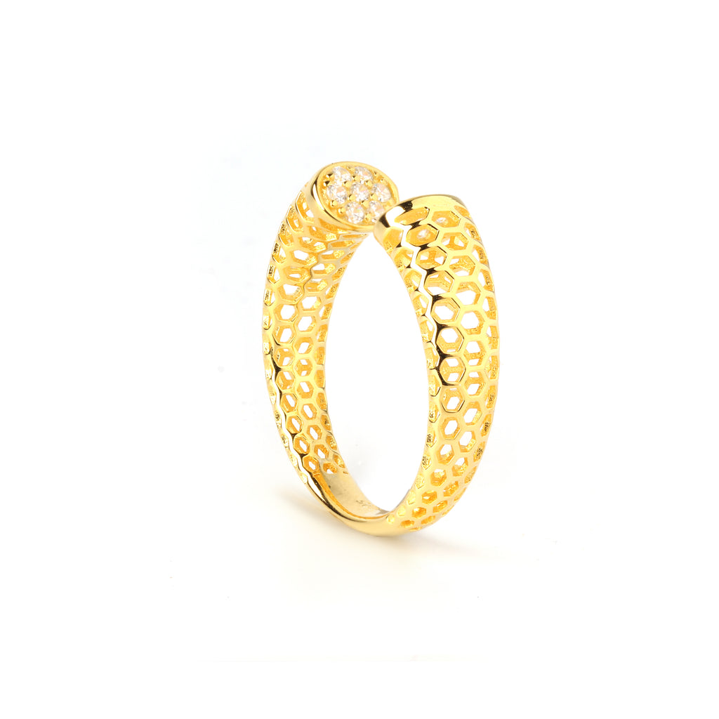 Radiance-inspired honeycomb open ring crafted in gold plated 925 sterling silver
