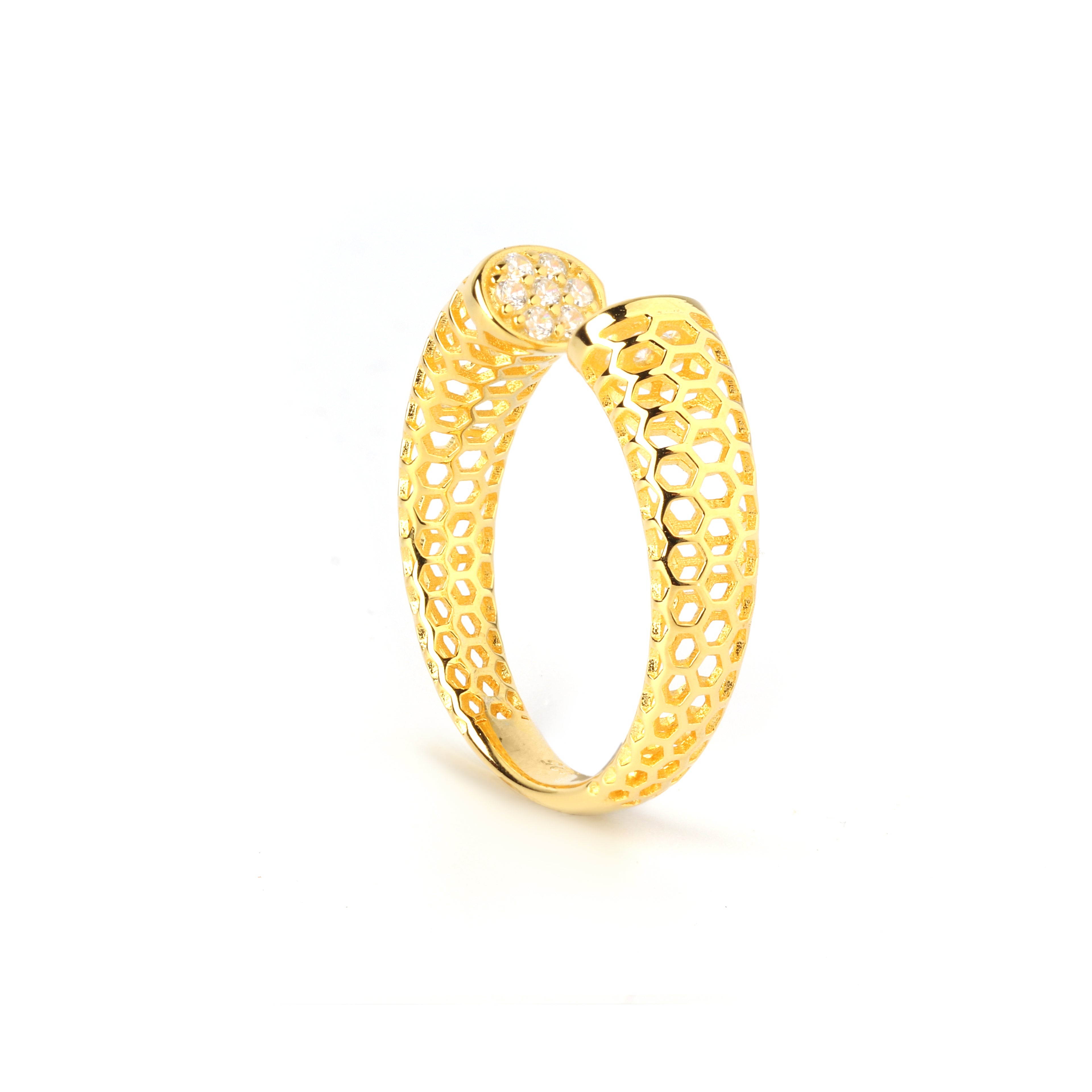 Radiance-inspired honeycomb open ring crafted in gold plated 925 sterling silver