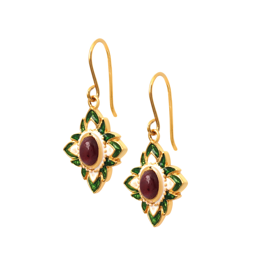 Handcrafted ruby gemstone earrings with green and white enamel details
