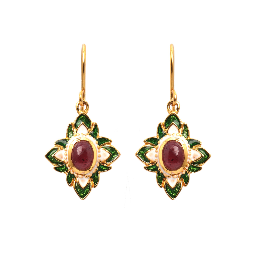 Gold plated ruby floral drop earrings in 925 sterling silver