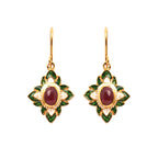 Gold-tone floral earrings with red gemstone center, green and white enamel petals, elegant handcrafted design