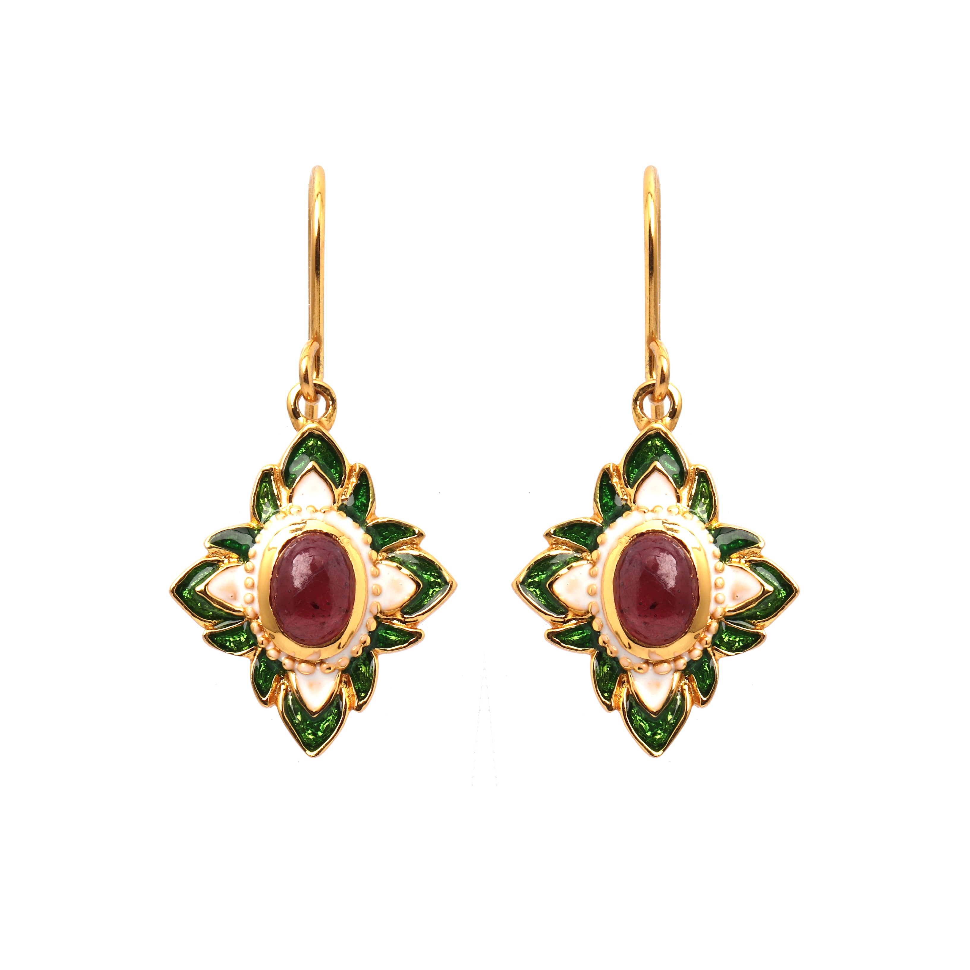 Gold plated ruby floral drop earrings in 925 sterling silver