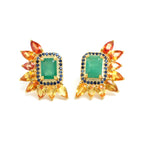 Emerald & Rainbow Sapphire Cluster Stud Earrings in 18K Gold-Plated Sterling Silver