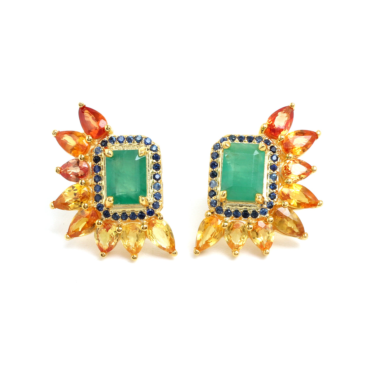 Emerald & Rainbow Sapphire Cluster Stud Earrings in 18K Gold-Plated Sterling Silver