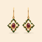 Gold flower earrings with red gemstone center and green enamel petals, handcrafted Thai jewelry