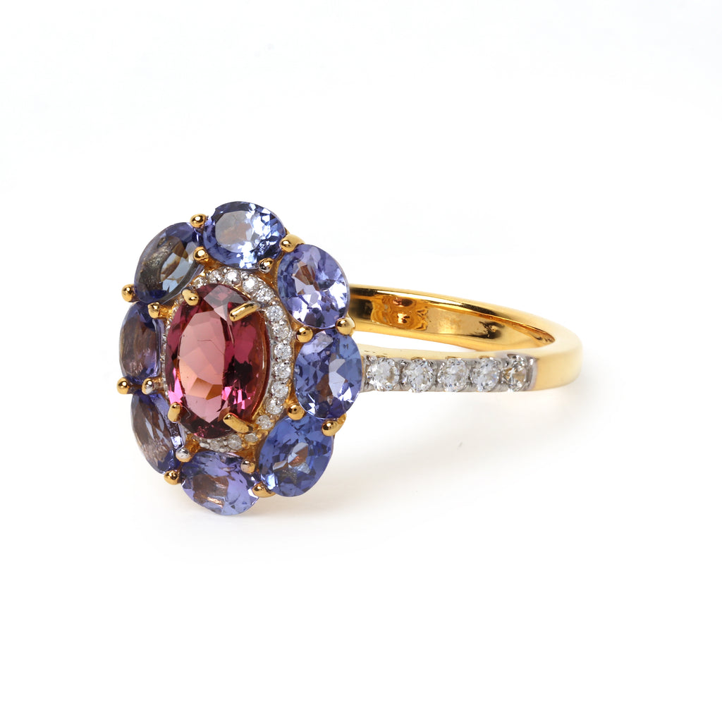 Elegant floral gemstone ring with pink tourmaline center stone