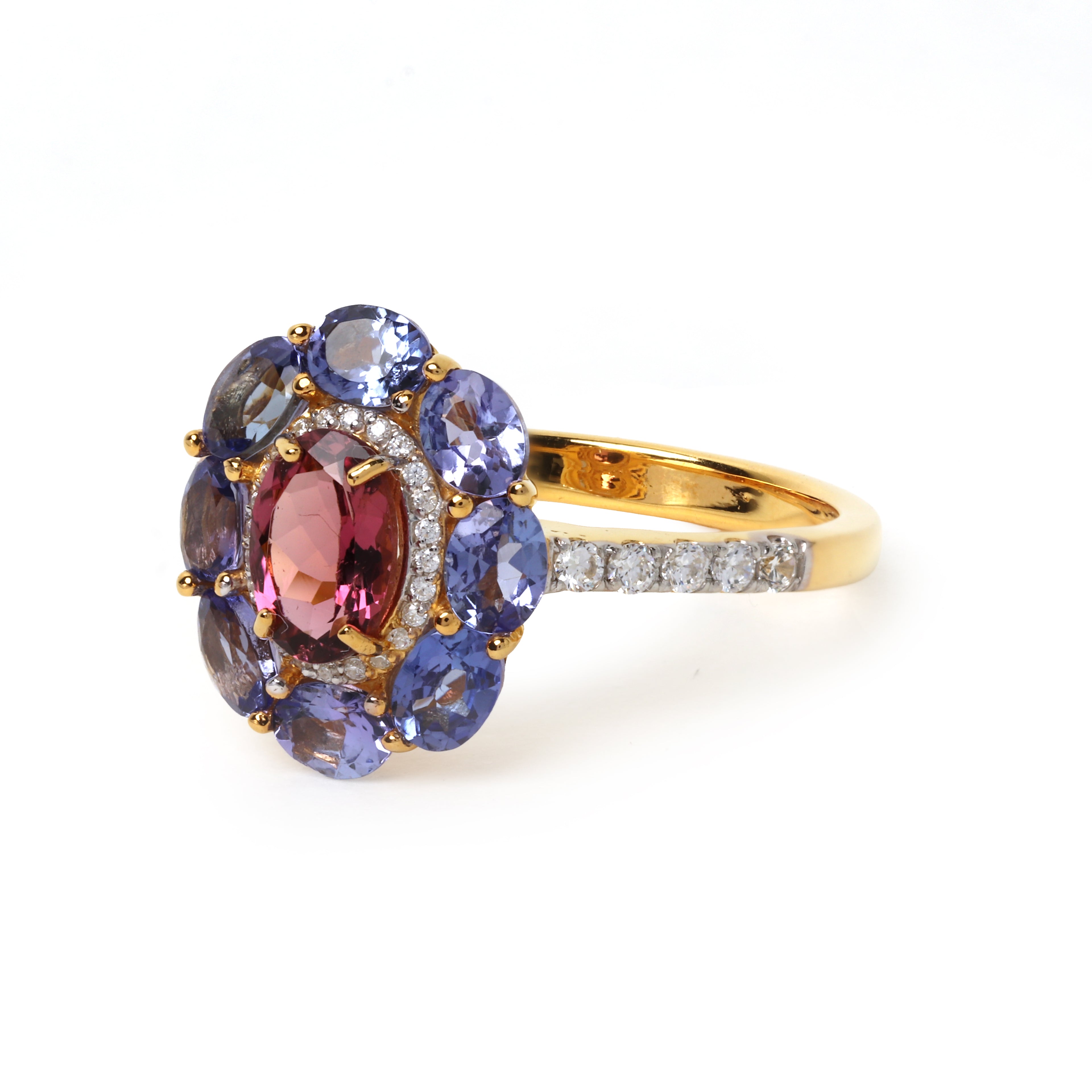 Elegant floral gemstone ring with pink tourmaline center stone