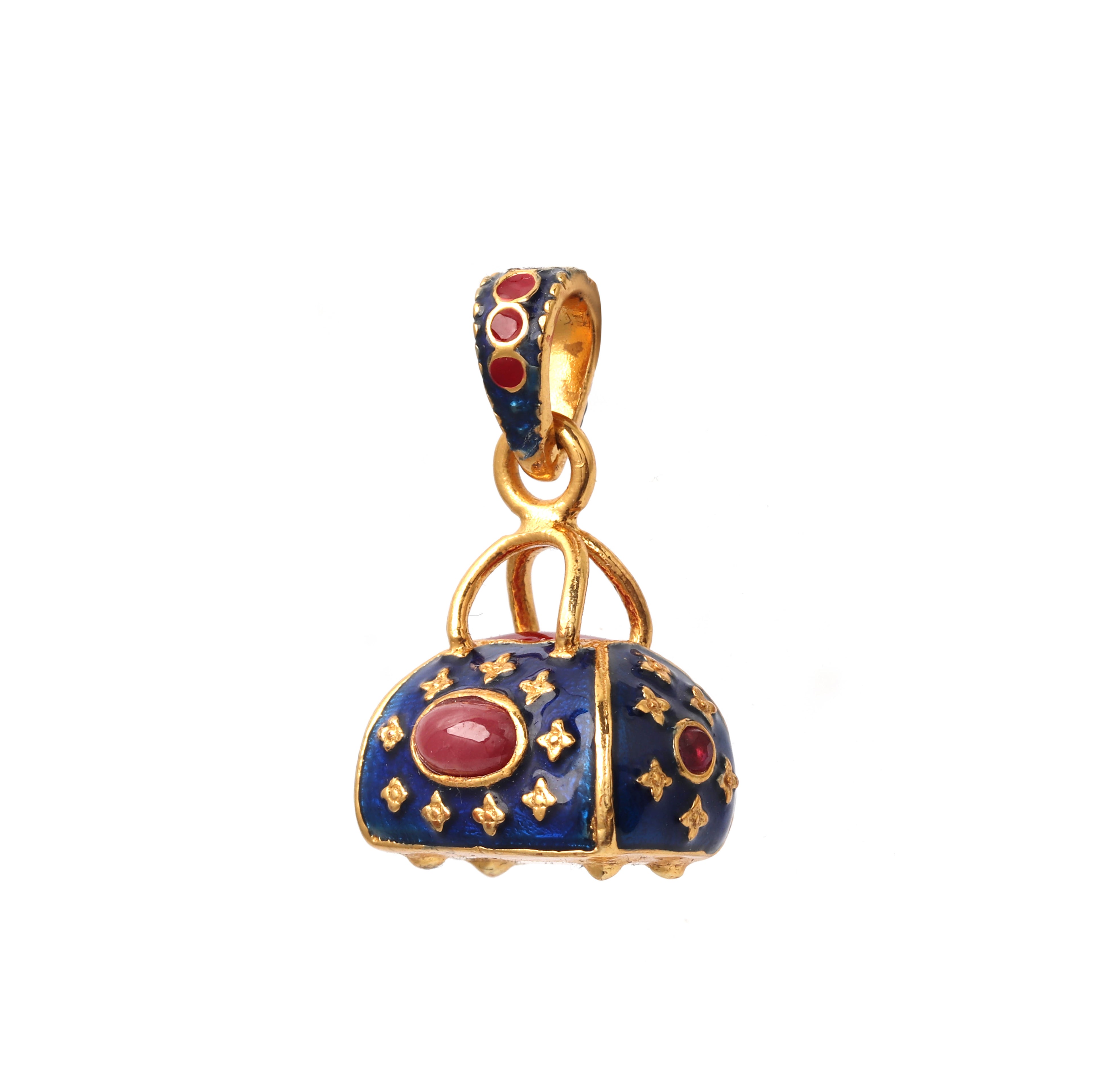Vintage purse pendant featuring a natural ruby and blue enamel details