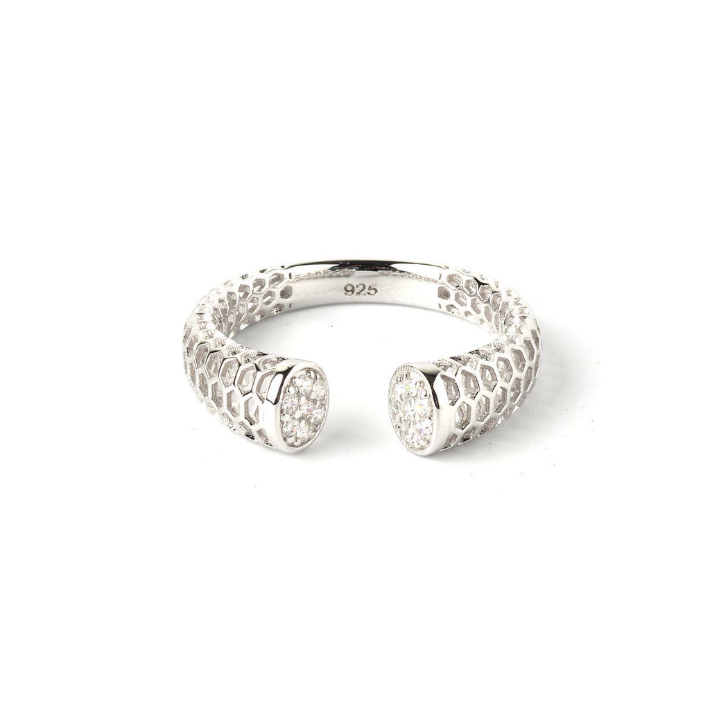 Detail view of hexagonal honeycomb texture on polished 925 sterling silver open ring