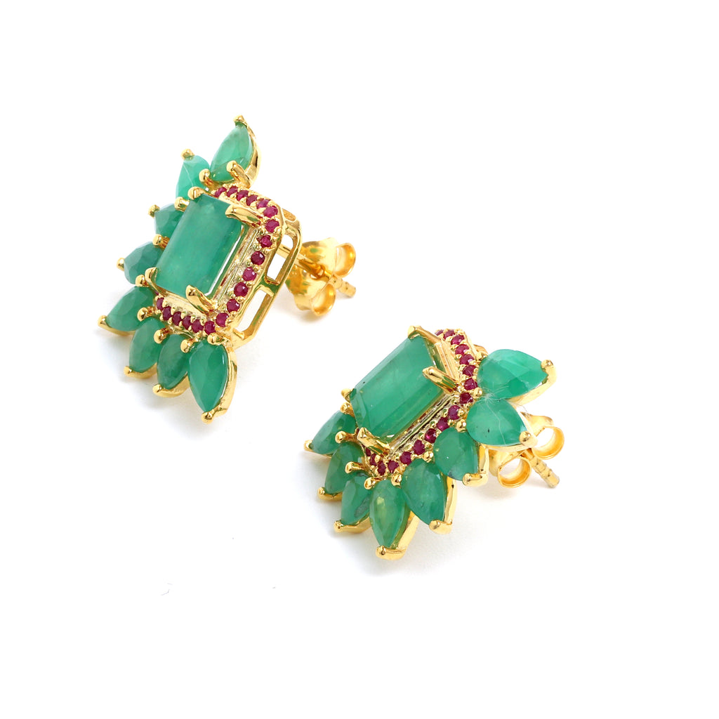 Emerald & Ruby Cluster Stud Earrings in 18K Gold-Plated Sterling Silver