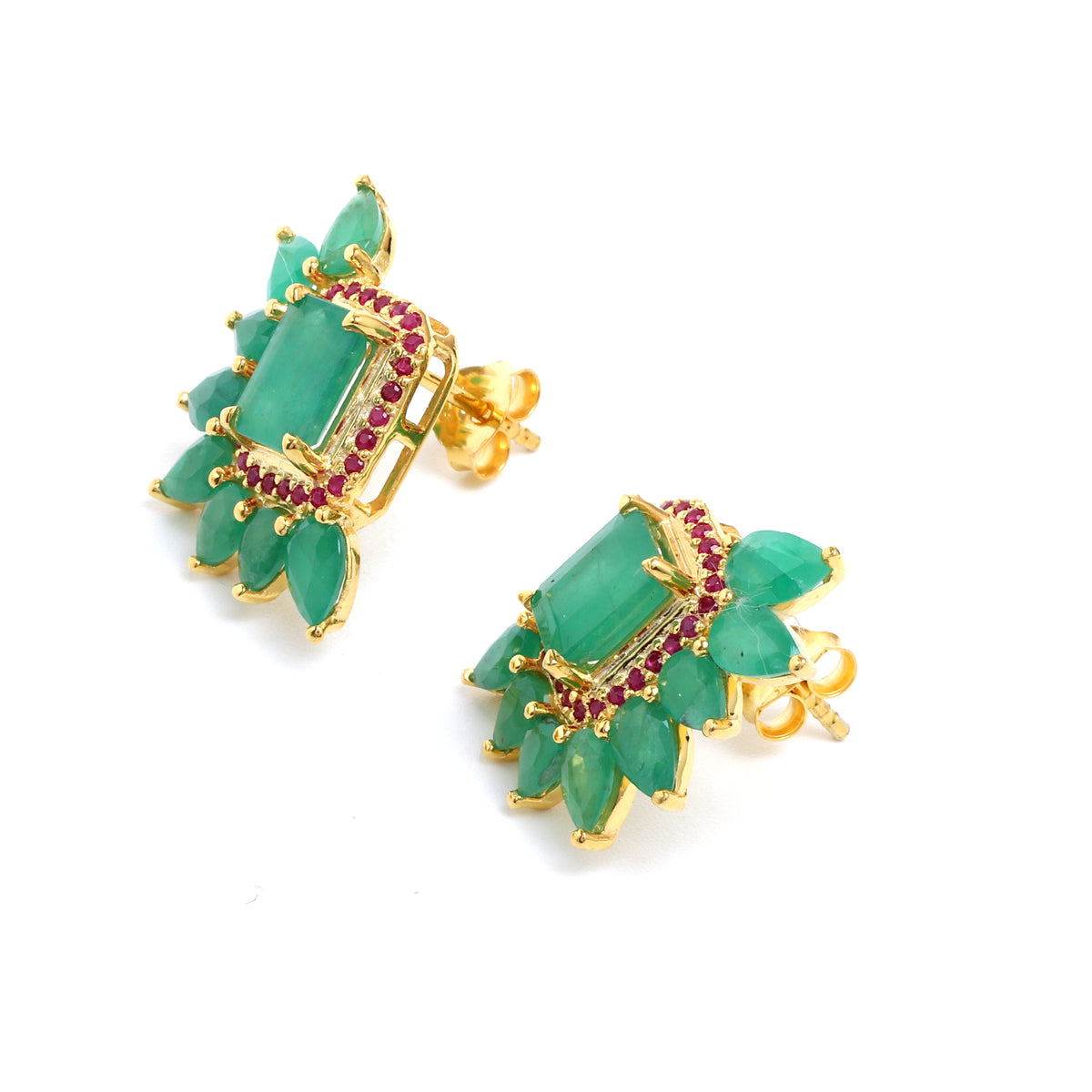 Emerald & Ruby Cluster Stud Earrings in 18K Gold-Plated Sterling Silver