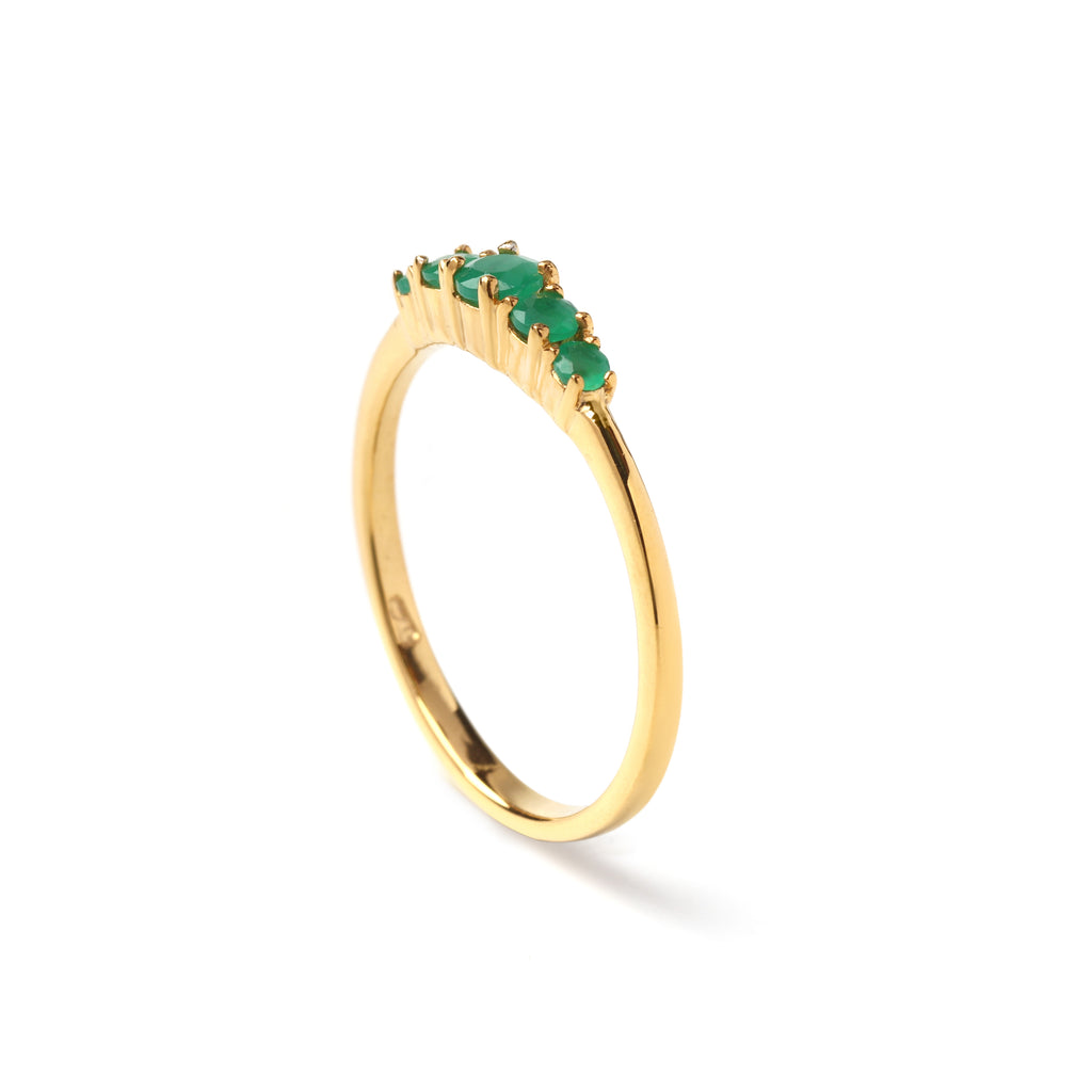 Side profile of minimalist emerald silver ring, gold-plated finish, lightweight stackable design