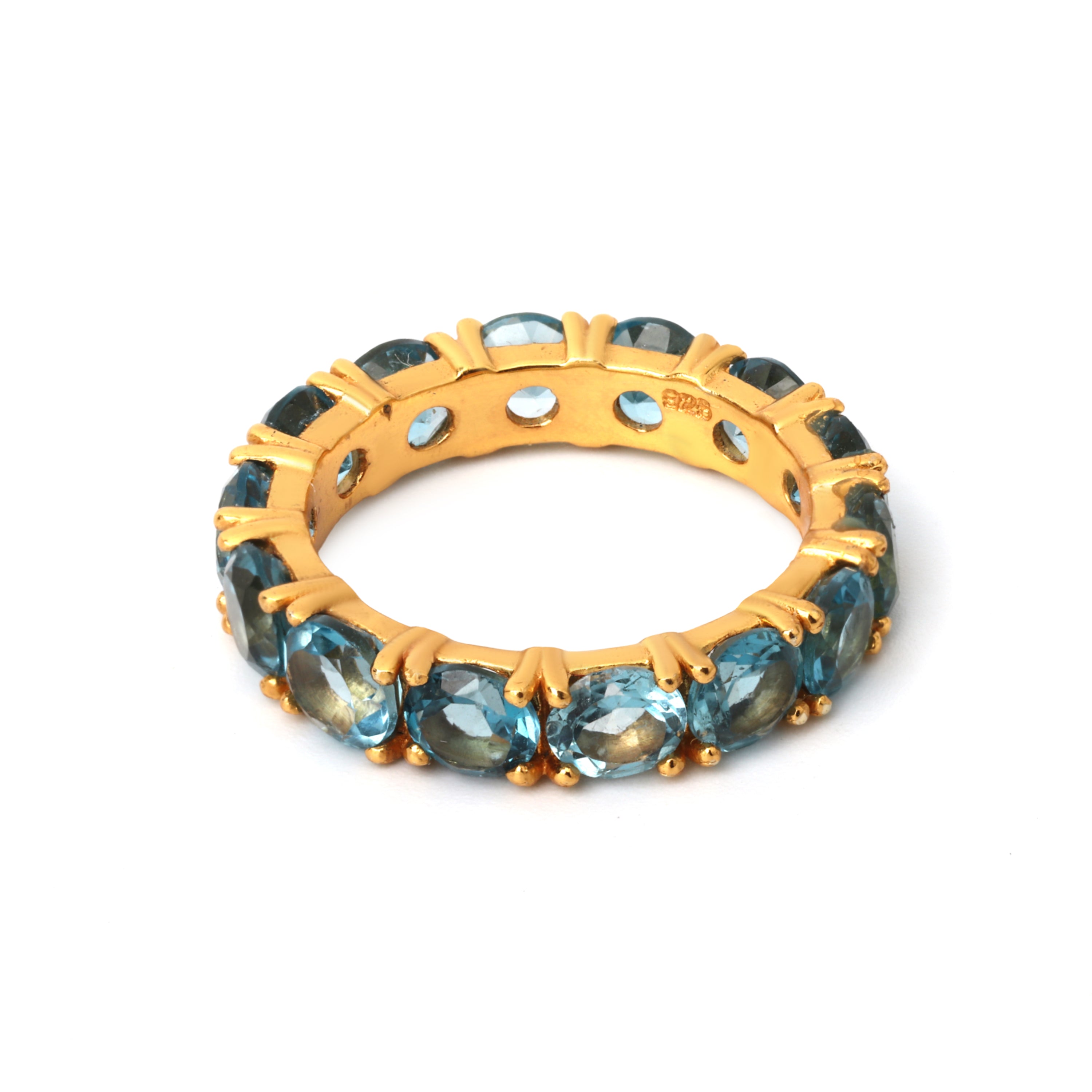 Gold plated blue topaz eternity ring in 925 sterling silver