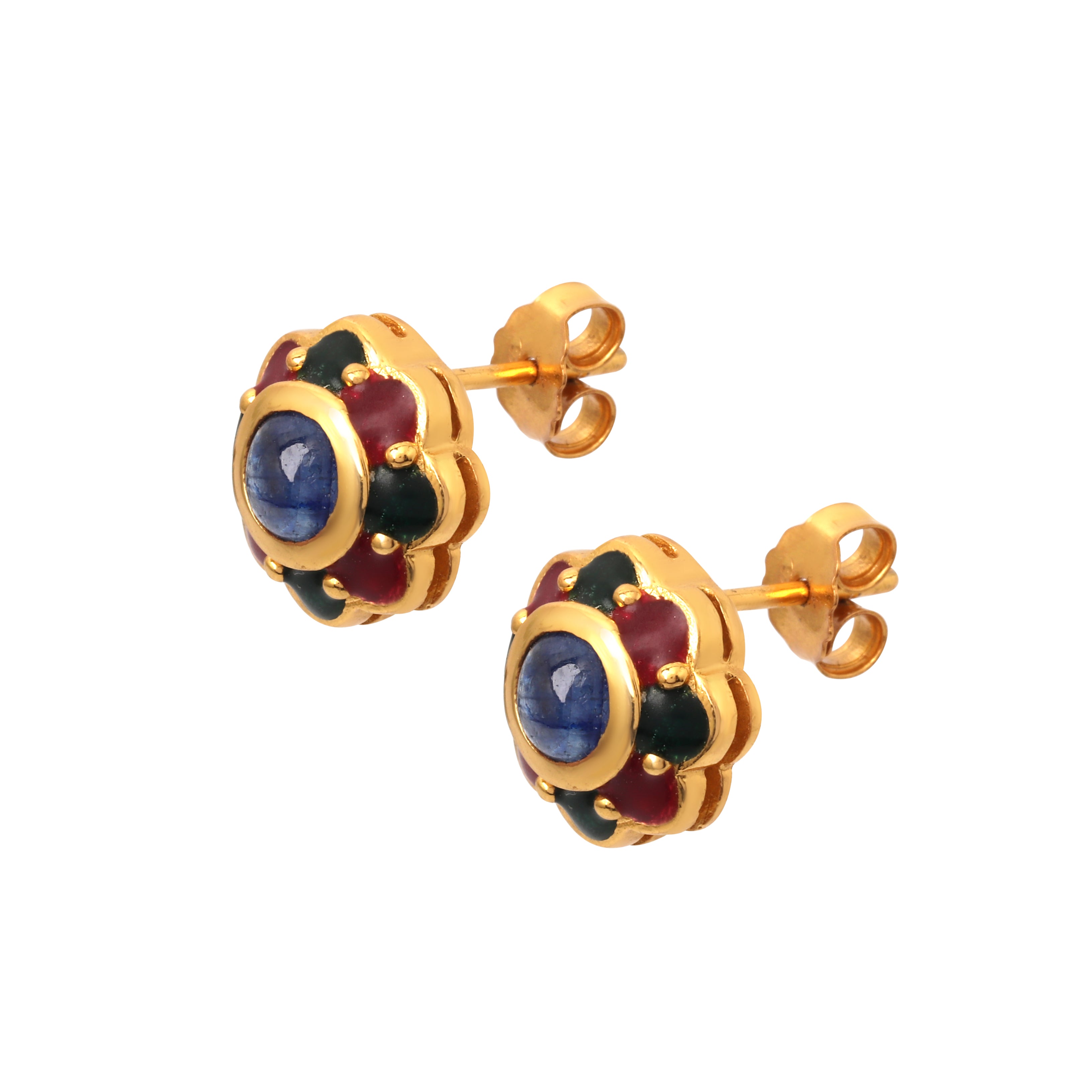 Blue sapphire enamel flower earrings with gold plated finish