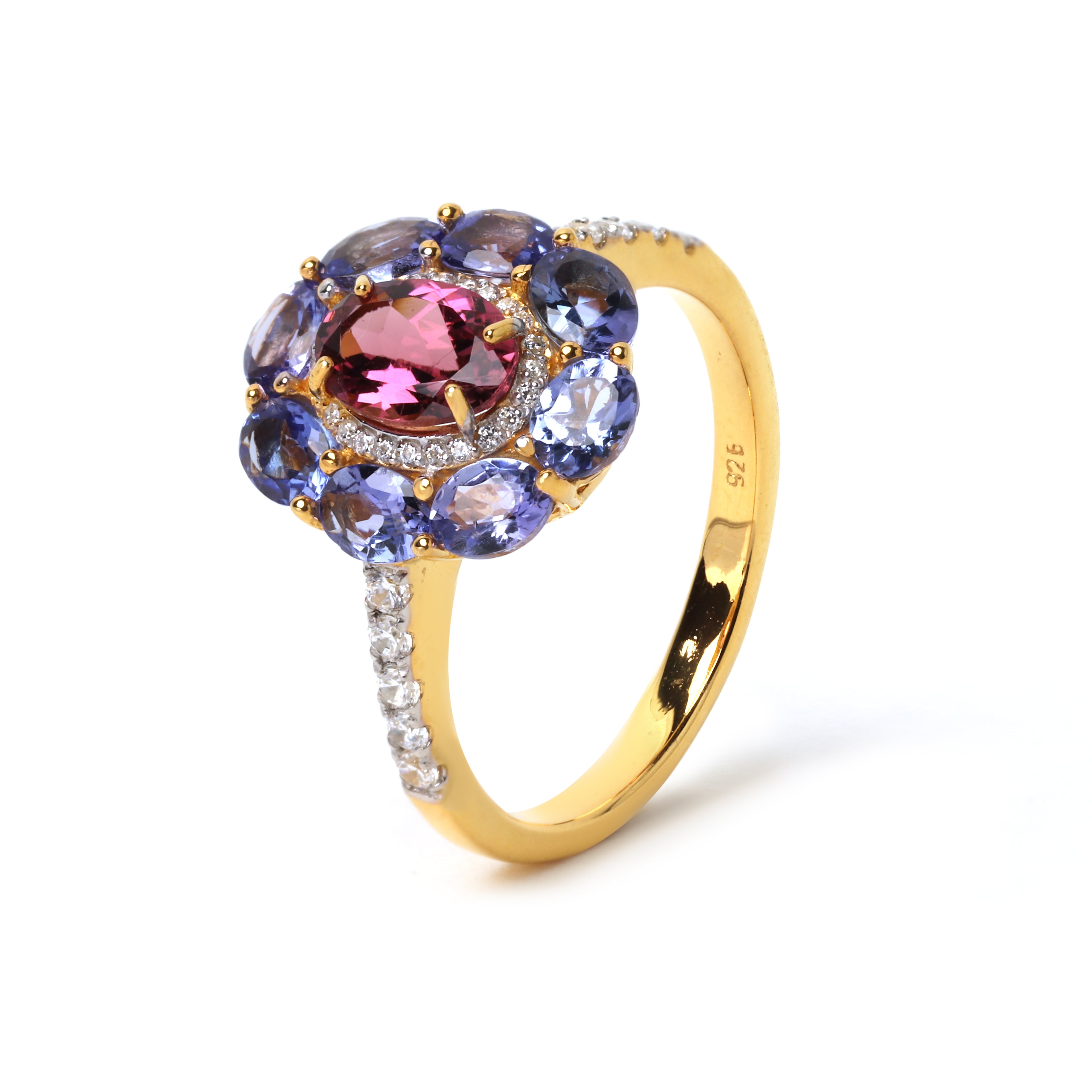Gold plated sterling silver ring featuring tanzanite gemstones