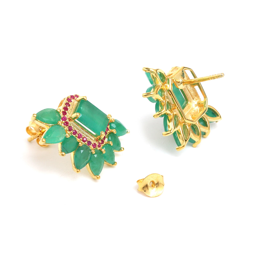 Emerald & Ruby Cluster Stud Earrings in 18K Gold-Plated Sterling Silver