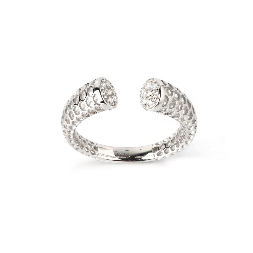 Modern open silver ring with honeycomb pattern in sterling silver 925 by Jewelry by Crimson