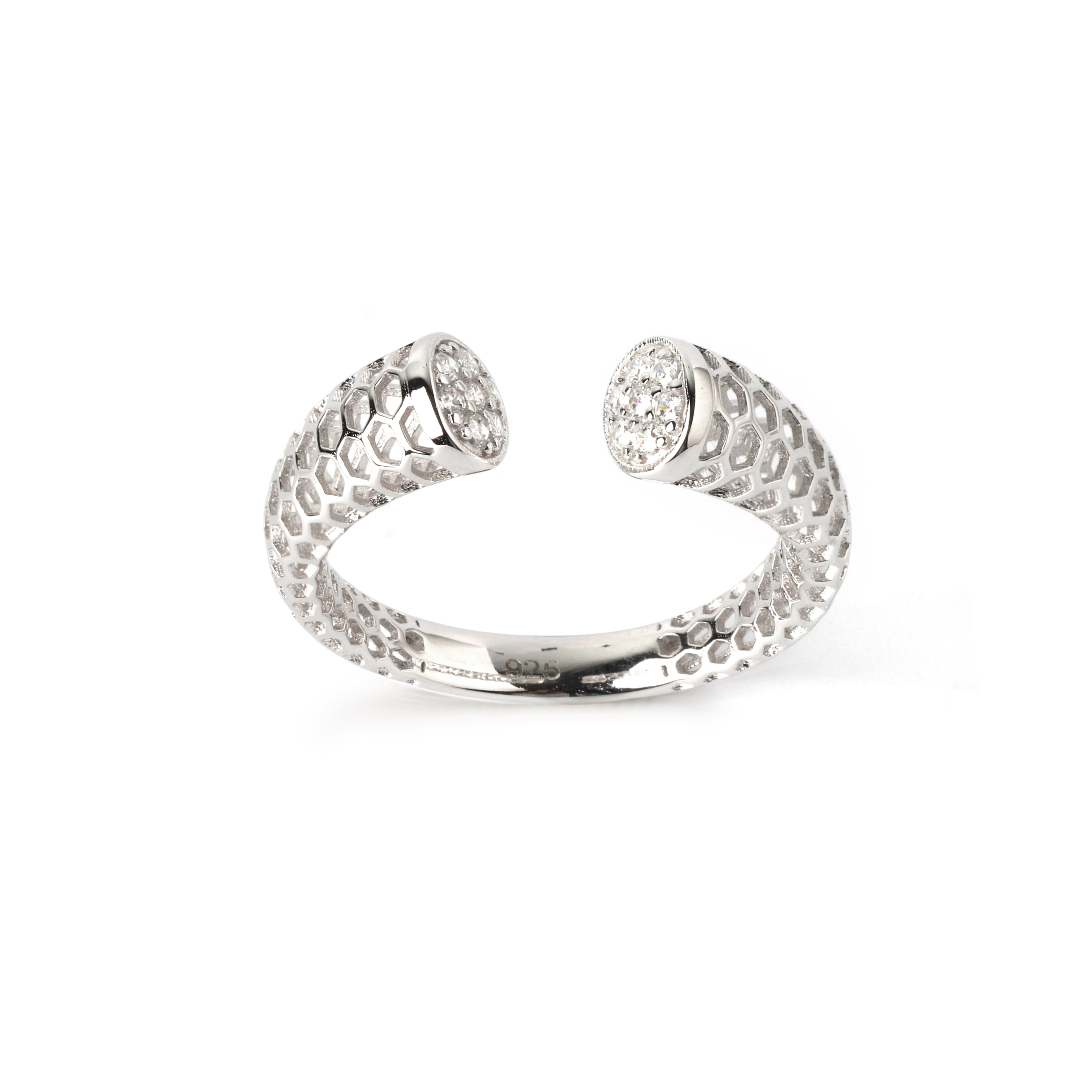 Modern open silver ring with honeycomb pattern in sterling silver 925 by Jewelry by Crimson