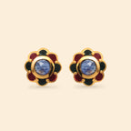 Floral gold stud earrings with blue gemstone center and red green enamel petals, handcrafted silver jewelry