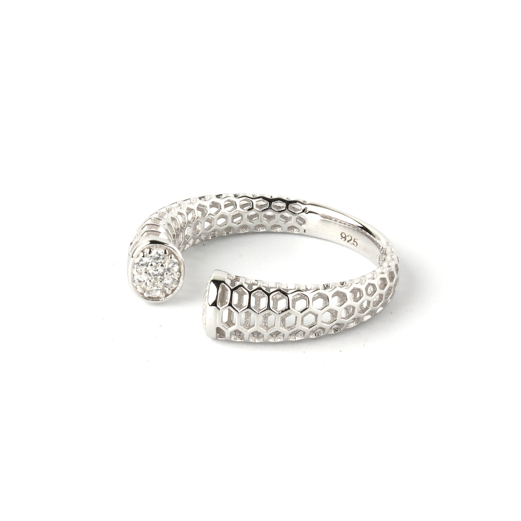 Close-up of 925 sterling silver honeycomb open ring with geometric texture by Jewelry by Crimson