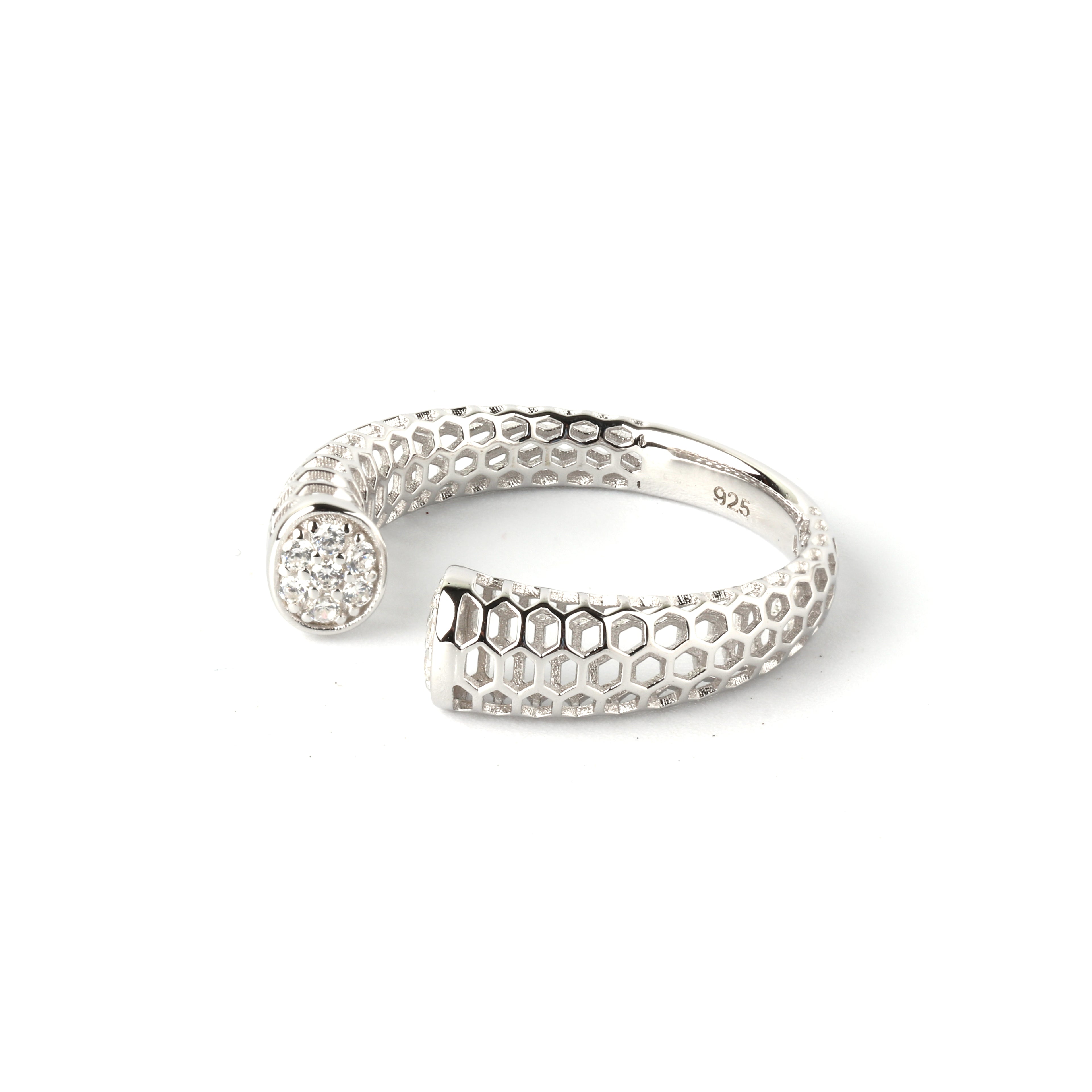 Close-up of 925 sterling silver honeycomb open ring with geometric texture by Jewelry by Crimson